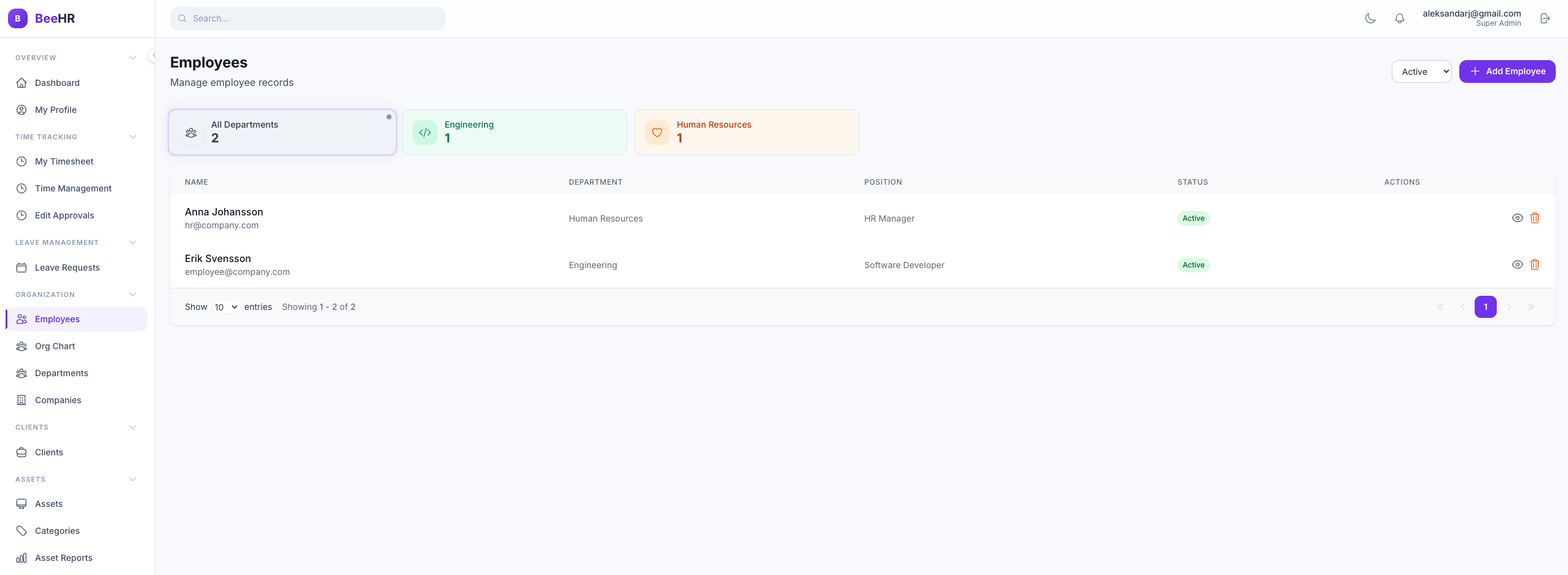 BeeHR Dashboard - Employee Management